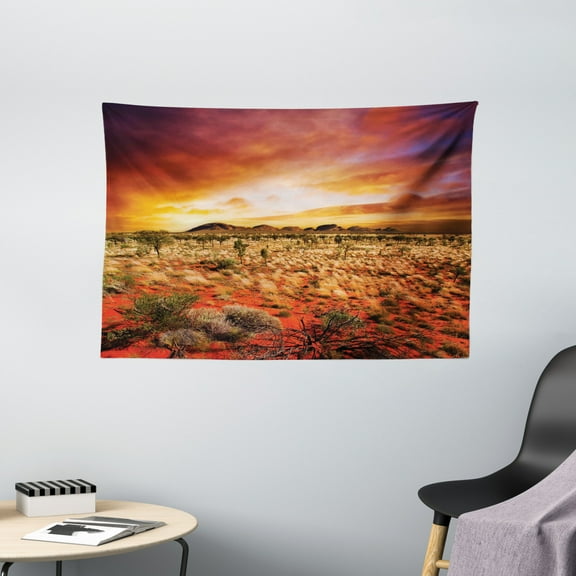 Desert Tapestry, Sunset over Central Australian Landscape Dreamy Dramatic Sky Scenic Nature, Wall Hanging for Bedroom Living Room Dorm Decor, 60W X 40L Inches, Orange Yellow Coral, by Ambesonne