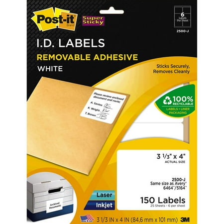 Post-It I.D. Labels - Removable adhesive - white - 3.33 in x 4 in 150 label(s) (25 sheet(s) x 6 ...