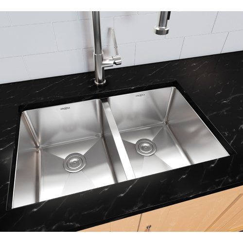Ancona Prestige Series Stainless Steel 28'' L x 18'' W 50/50 Double Bowl Undermount Kitchen Sink with Grids and Strainers