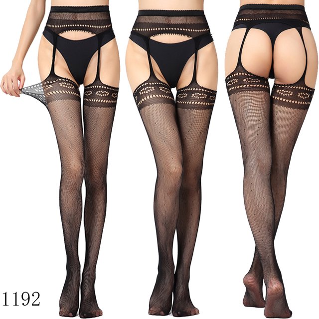 Sexy Fishnet Tights Women Lingerie Stockings wtih Garter Transparent Crotchless Pantyhose Thigh High Stocking Elastic Embroidery 1192 S-XXXXL
