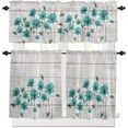 thumbnail image 2 of Floral Kitchen Curtain Valance and Tiers Set Teal Green Poppy Flower Rod Pocket Kitchen Tier Curtains Valance Set 3 Piece Watercolor Spring Flower Wood Grain Window Curtain Valance Tier Set 54 x 24 in, 2 of 5