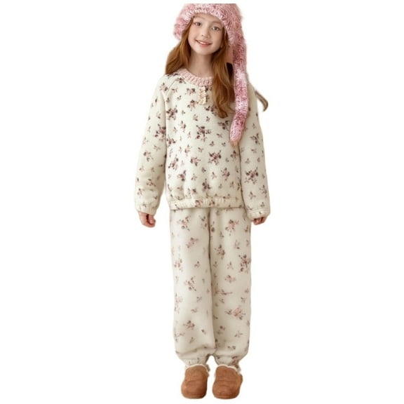 Cethrio Girls Winter Pajama Sets, Crewneck Thermal Long Sleeve Fleece Girls' Sleepwear Pink Size 10-12