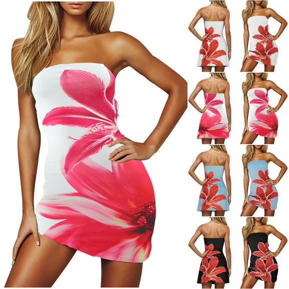 ZZwxWA Womens Sexy Strapless Floral Pattern Bodycon Tube Mini Dresses Summer Skinny Sleeveless Backless Bandeau Tube Dress