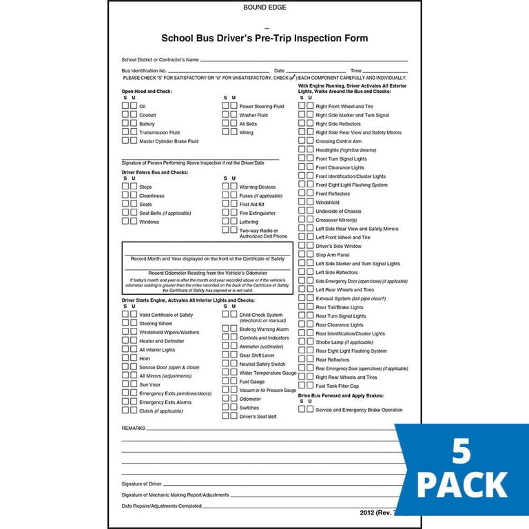School Bus Driver Pre-Trip Vehicle Inspection Form 5-pk. - 2-Ply Carbonless, 5.5 school-bus-driver-pre-trip-vehicle-inspection-form-5-pk-2-ply-carbonless-5-5-x-9-25-31-sets-of-forms-per-dvir-book-walmart-com