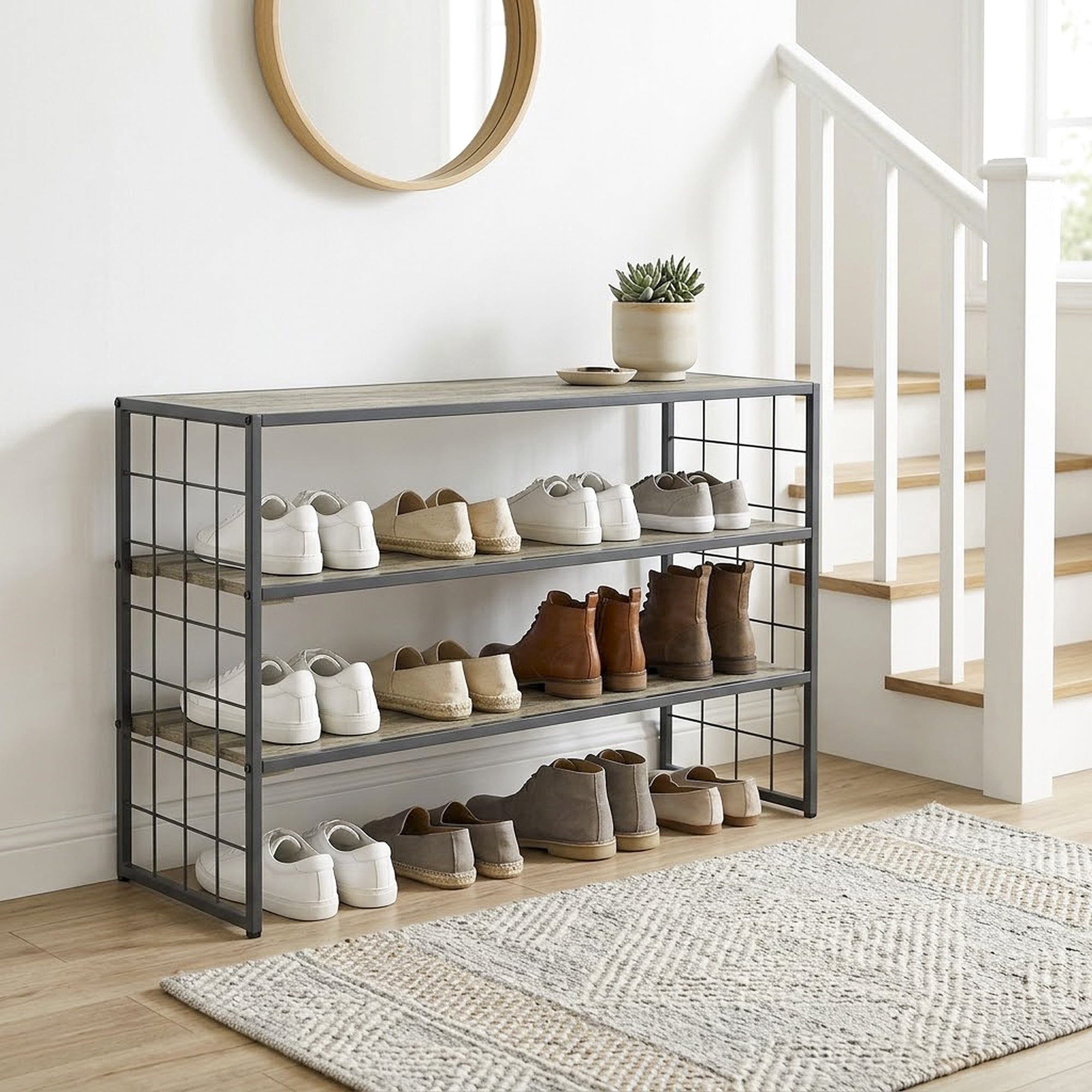 Better Homes & Gardens Farmhouse 3 Tier Shoe Rack, Gray, 30IN Wx 12 IN Dx 18IN H, Holds up to 12 Pairs