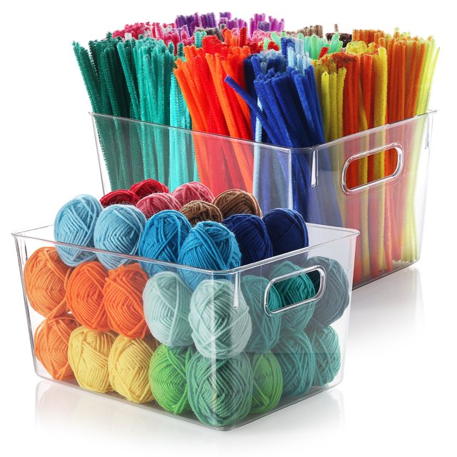StorageBud 2 Pack Clear Plastic Storage Organizer Bin with Handles - Stackable Bin Tray for Home, Classroom, Playroom, Studio - Great Bin for Crafts, Art, Brushes, Paint, Sewing Supplies