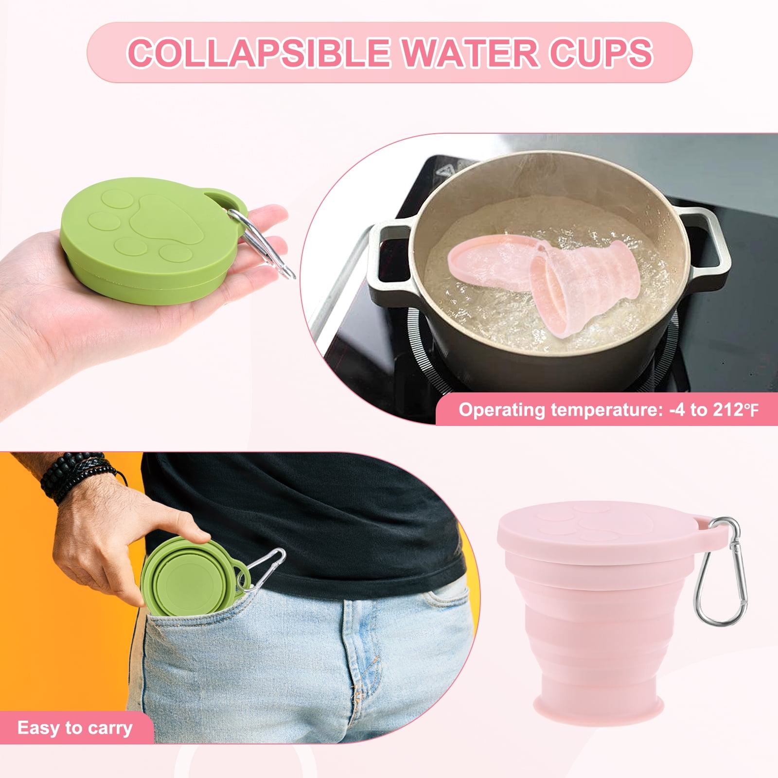 Uxcell 4 Pack Collapsible Travel Cup, 6oz(180ml) Silicone Cat Paw Portable Foldable Water Cup Bottle with Spring Buckle [Light Gray]