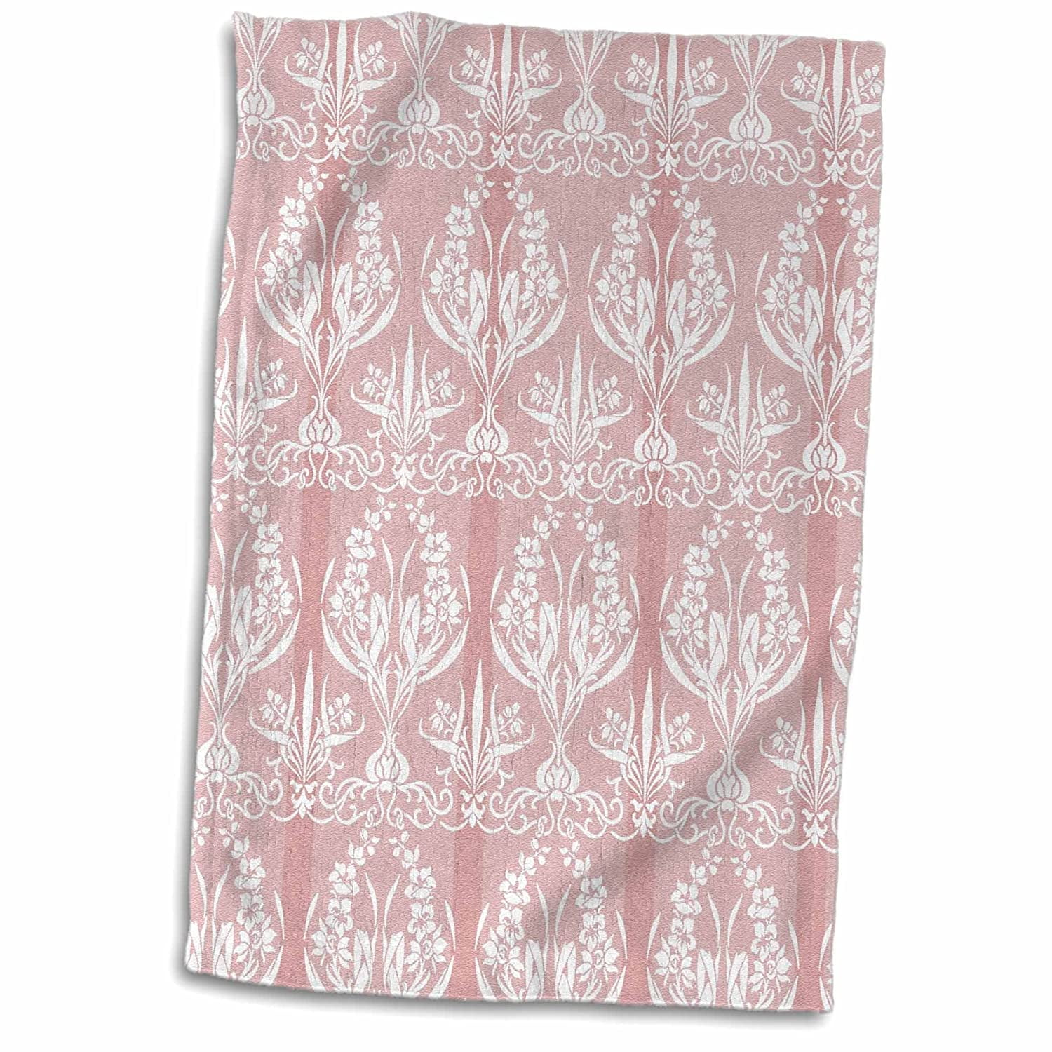 3D Rose Pretty French Country Damask in White Over Pink Stripe Hand Towel  15 x 22