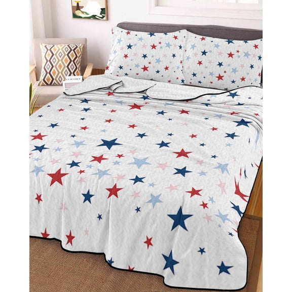 Independence Five-pointed Star Shining King Size Down Alternative Comforter,Lightweight Comforter Quilt Bedding Set with Pillow Shams White American Flag Day Bed Comforter Duvet Insert 96"x106"