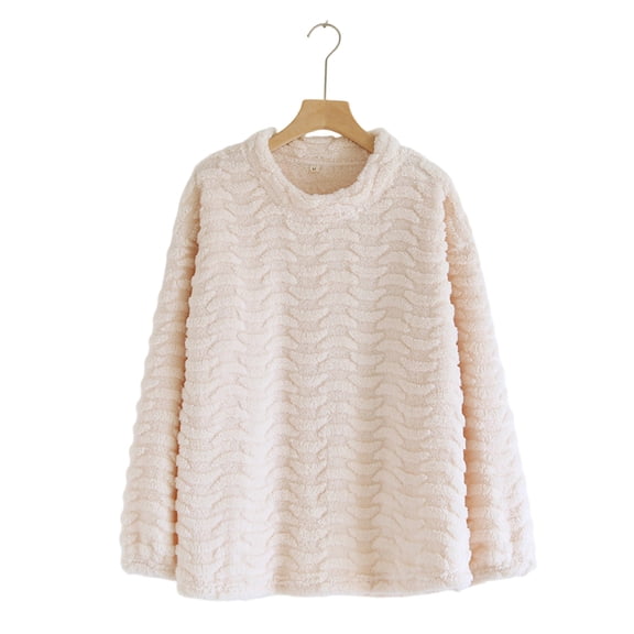Fuzzy Fleece Pajamas Tops for Women Long Sleeve Thermal Pullover Winter Warm Sleepwear Soft Fuzzy Loungewear New Beige XL