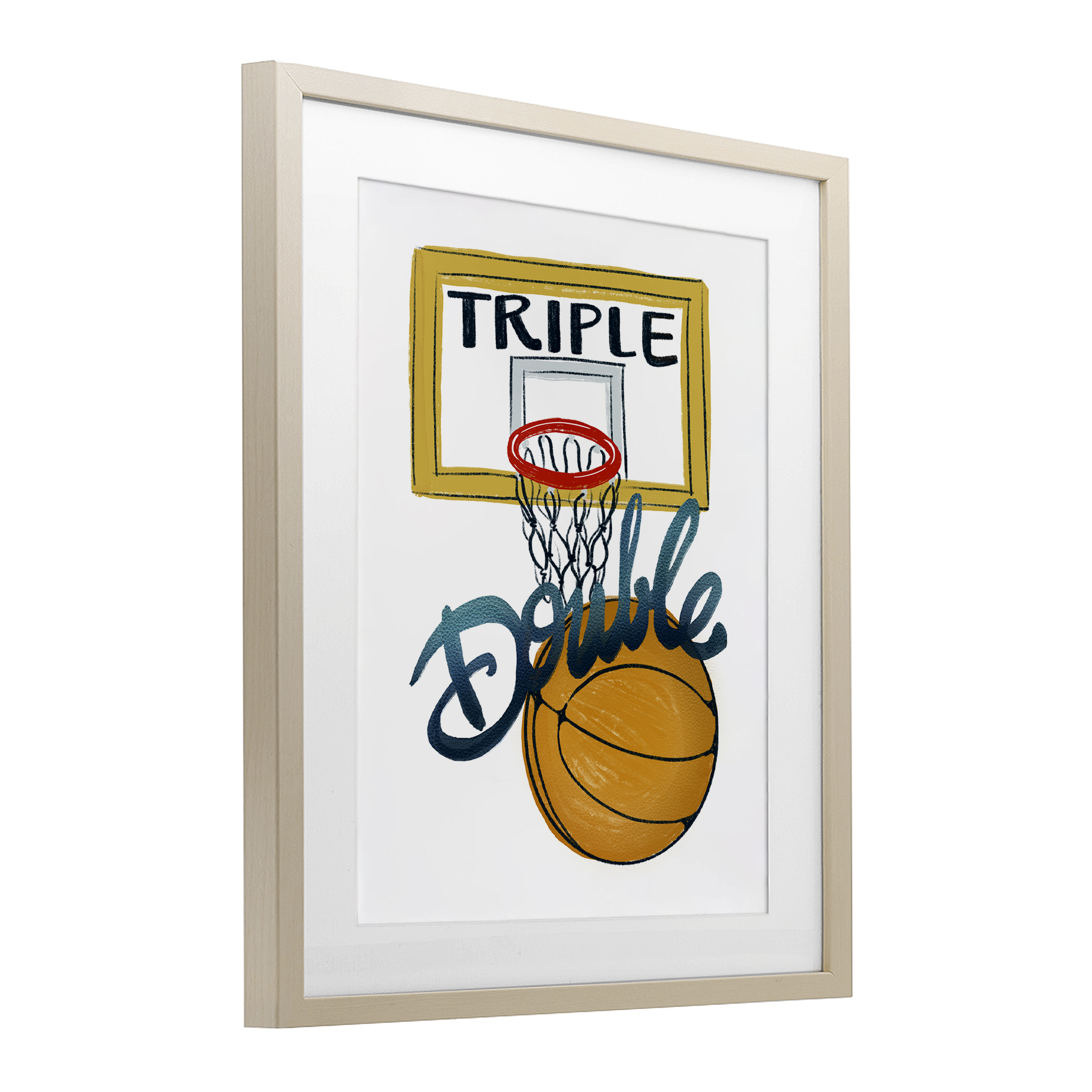 Triple Double Basketball Birch Framed Print Under Glass, design by Connie Summers