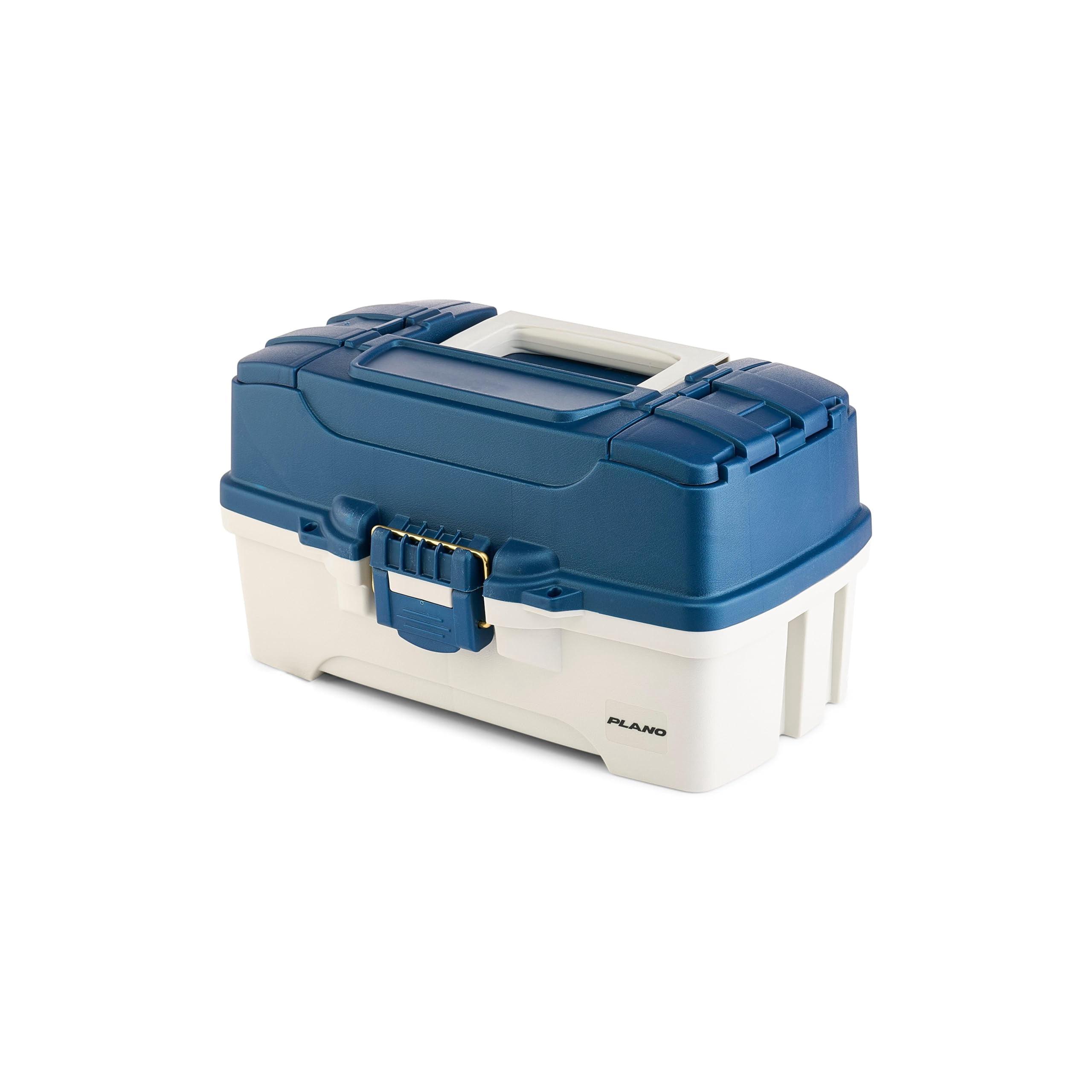 Plano Three-Tray Tackle Box, Blue/White, Rust-Proof Brass Latch, Top-Access Tray with Deep Storage, Made in the USA, Portable Fishing Gear Storage Organizer