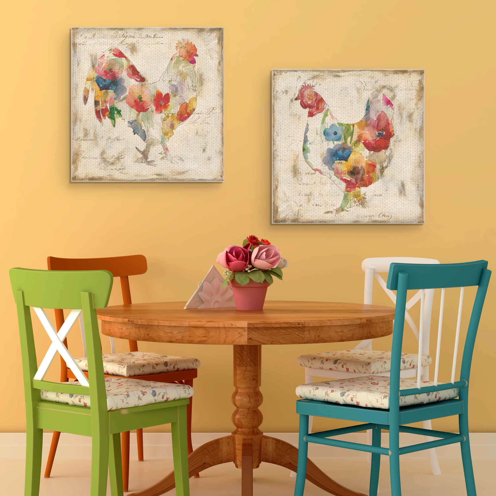 Flowered Hen & Rooster by Carol Robinson Canvas Art Painting Print Set of 3