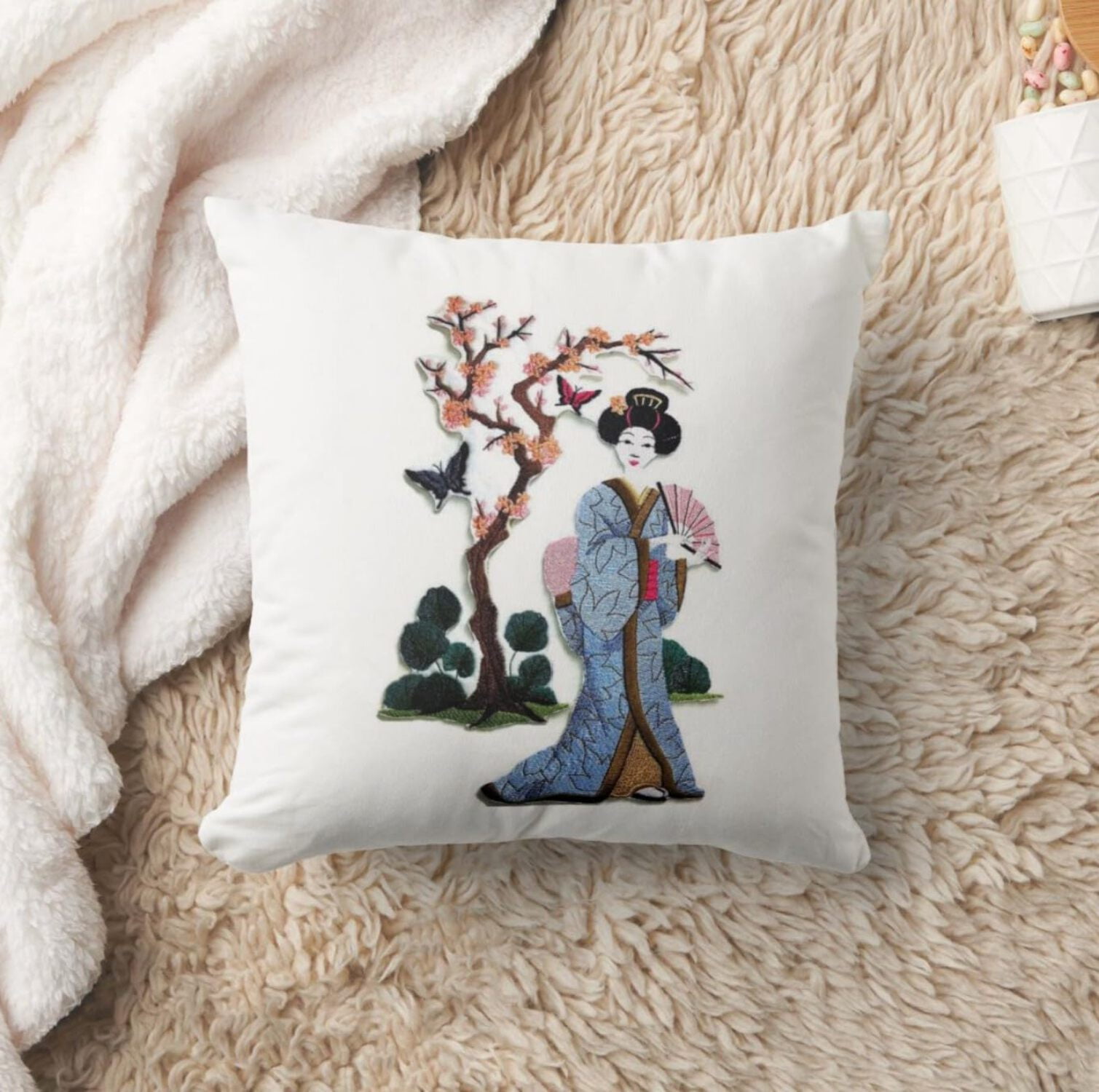 Custom [Geisha and Butterflies] Embroidered Iron On/Sew Patch [11.5" x 6.88"]