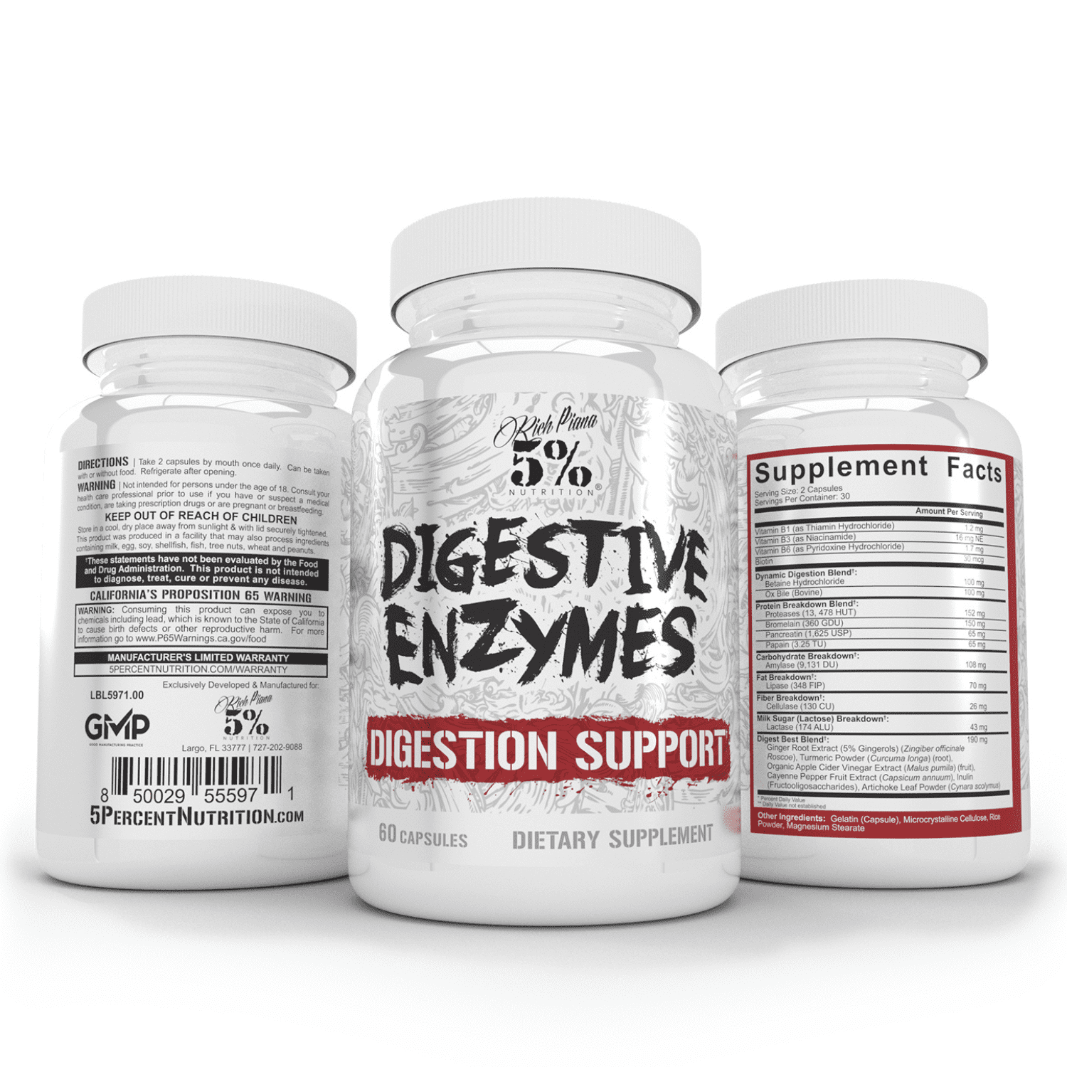 5% Nutrition Rich Piana Digestive Enzymes w/Vitamin B Complex | Enzymes for Protein, Carb, Fat, Fiber & Lactose Breakdown Betaine, Bromelain, Papain (Papaya), Lipase, Lactase, 60 Veg Caps (30 Svgs)