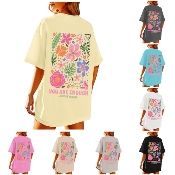 WERYOUNG Women's T Shirts Beach Oversized Graphic T-Shirts Short Sleeve Baggy Shirts Summer Cotton Vacation T-Shirts Soft Top L