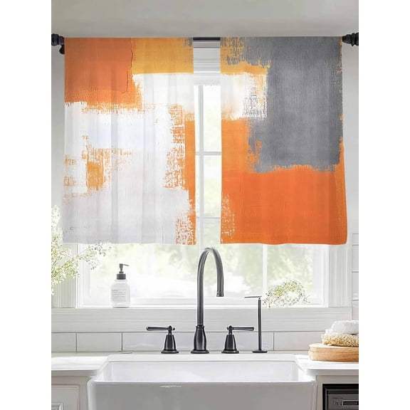 Orange Gray Sheer Curtains 54 Inches Long 2 Panels Geometric Abstract Graffiti Color Block Modern Light Filtering Semi Sheer Window Curtains Drapes for Bedroom Living Room 52"x54"