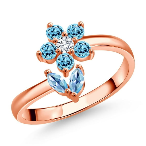 Gem Stone King 18K Rose Gold Plated Silver Swiss Blue Topaz and White Lab Grown Diamond Flower Open Ring for Women (0.64 Cttw, Gemstone November Birthstone, Size 8)