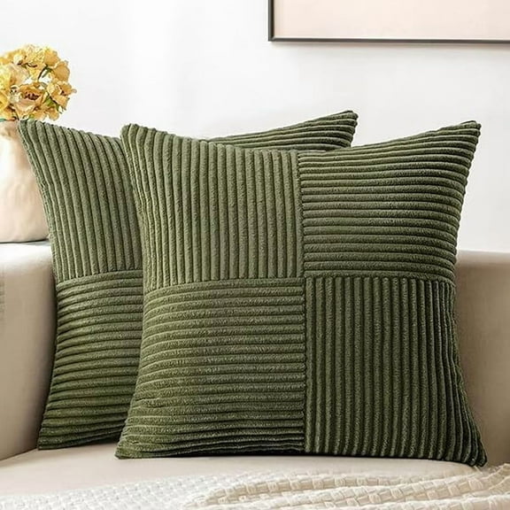 0829 Olive Green Corduroy Pillow Covers Pack of 2 Boho Decorative Spliced Throw Pillow Covers Soft Solid Couch Pillowcases Cross Patchwork Textured Cushion Covers for Living Room Bed Sofa 20x20 inch
