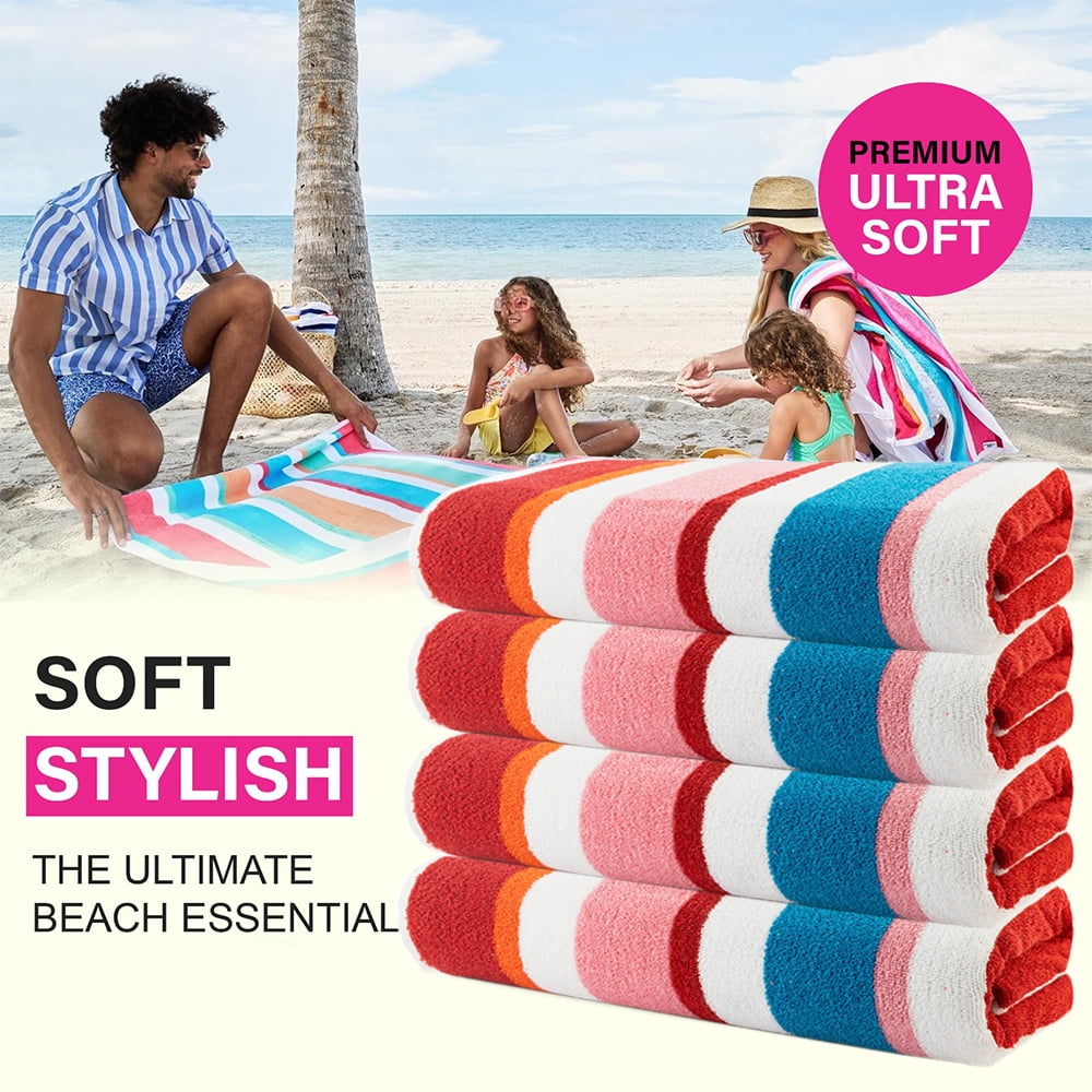 CASA COPENHAGEN Bora Bora Beach Towels Designed in Denmark Rough and Tough, Quick Dry, for Pool, Bath & Shower 30x60 inches 4 Pieces Cotton Beach Bath Towels Set - Pink
