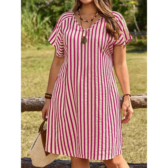 Burgundy Striped V-Neck Short Sleeve Textured Loose Casual Dress For Women