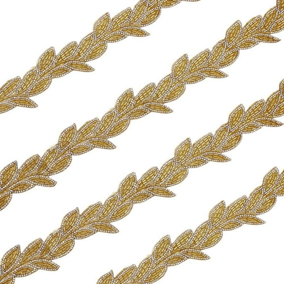 2 Yards Beaded Leaf Ribbon Elegant Polyester Sequin Trimming 2 Inches Wide Glass Rhinestone Ribbons Inelastic Lace Trim for Bridal Dress Sewing Trim DIY Fashion Accessories