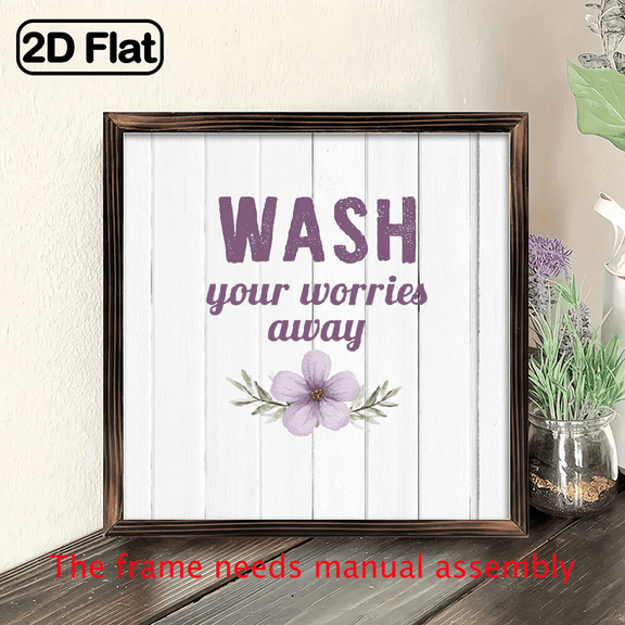 2D Flat, 1pc Farmhouse Wash Your Worries Away Wooden Wall Sign Framed Horizontal 8x8 Inch Wood Panel with Calming Bathroom Kitchen Decor, Horizontal Hanging for Living Room - Suitable for hallowee