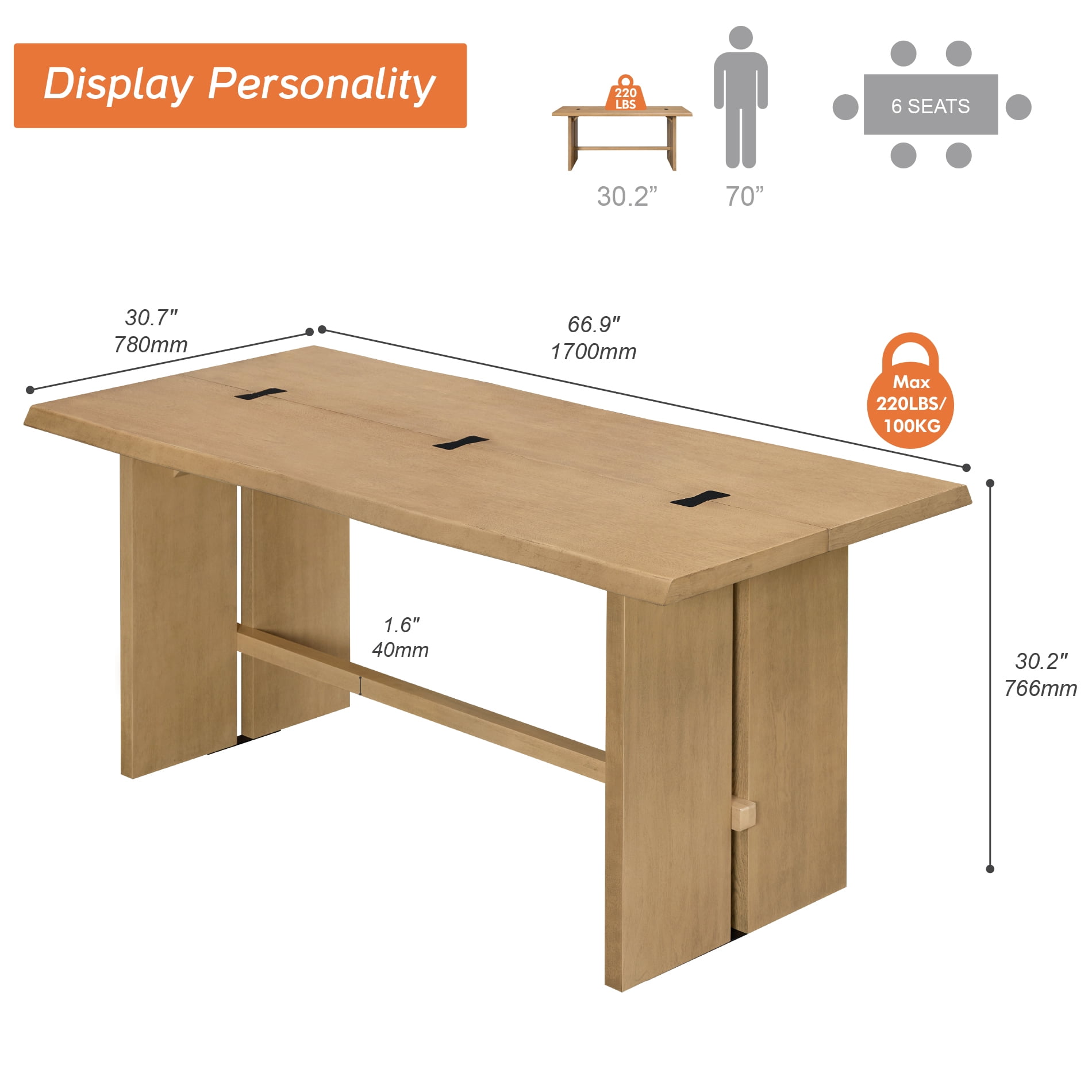 WAMPAT 67 Inch Home Office Writing Desk, Solid Wood Veneer Top, Stable Wooden Computer Desk with Black Bow Accent, Easy Assembly Workstation for Study & Bedroom