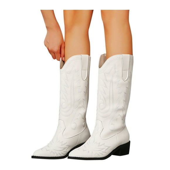 Women's Cowboy Boot Cowgirl Boots for Women Embroidered Pointed Toe Low Heel Fashion Western Mid Calf Boot