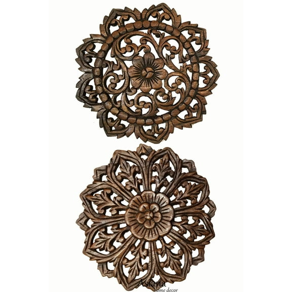 Round Floral Carved Wood Wall Decor. Set of 2 Brown 12"