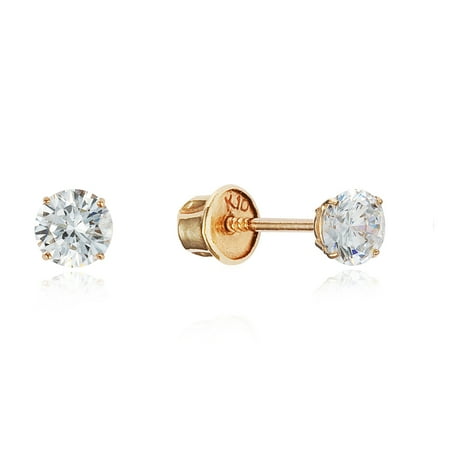 10k Yellow Gold 3mm Basket Round CZ Cubic Zirconia Solitaire Children Screw Back Baby Girls Earrings