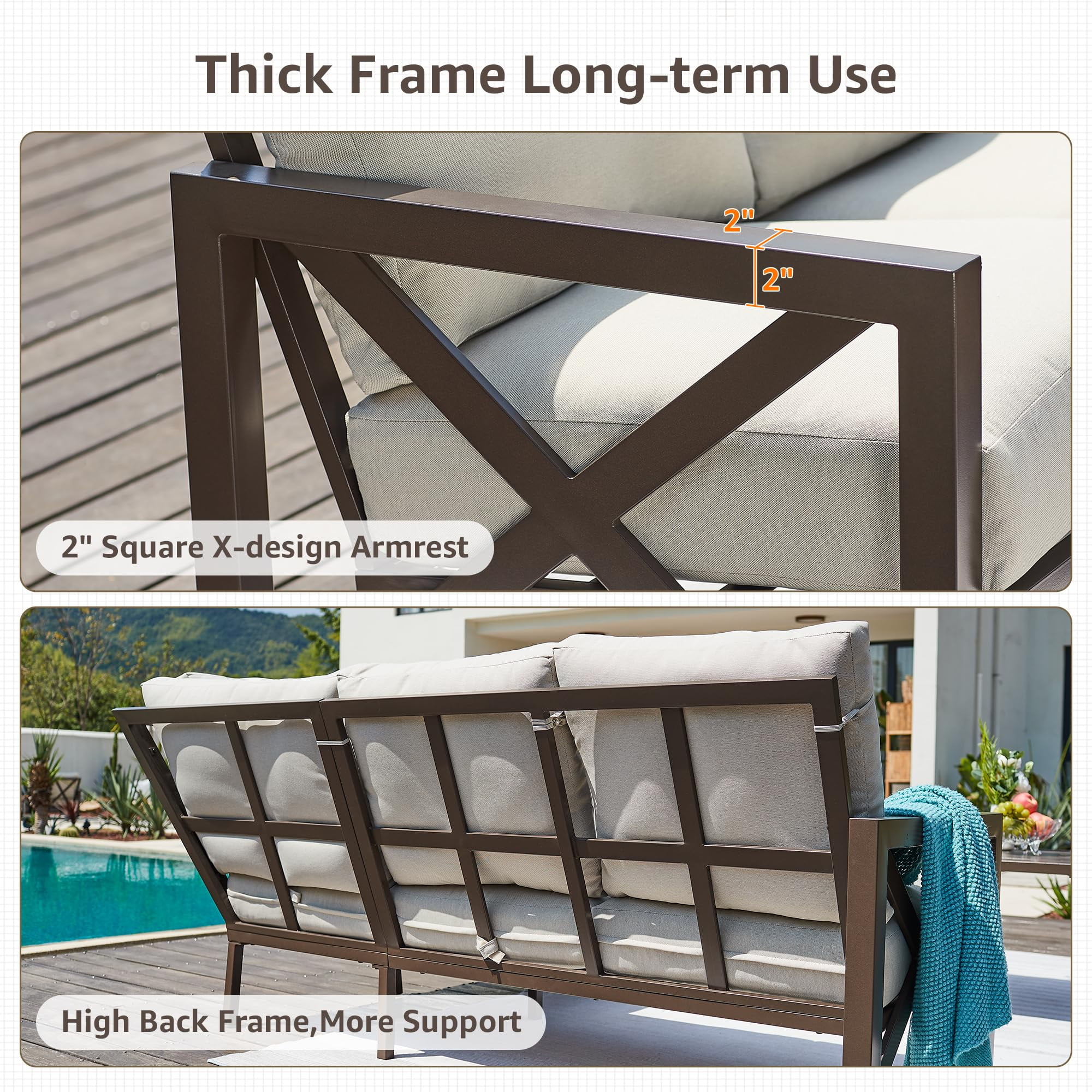 NATURAL EXPRESSIONS 6 Pieces Patio Furniture Sets, Metal Outdoor Sectional Furniture L Shape Patio Conversation Sets,Highback Frame,Metal Table,Large Waterproof Cover, 6.5" Olefin Cushions