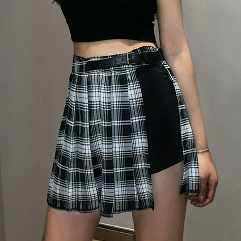Women's Gothic Plaid Skirt Patchwork Button High Waisted A-Line