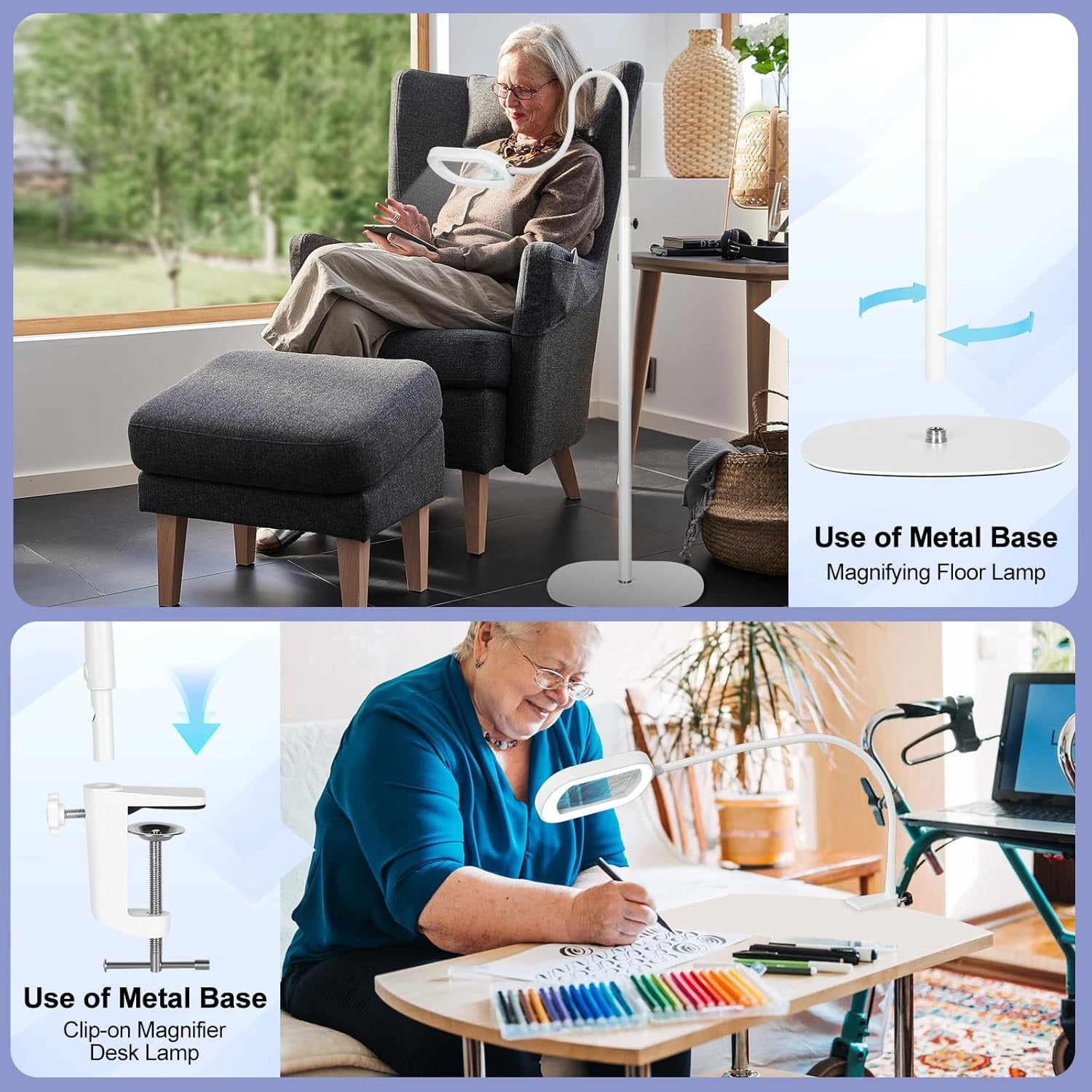 VISONHEART Rectangular Real Glass Magnifying Glass with Light and Stand, 24" Flexible Gooseneck Floor Lamp, 5 Color Modes Stepless Dimmable, 3-in-1 LED Lighted Magnifier Light for Reading Crafts