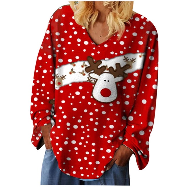 Camisas casuales de manga larga para mujer, suéter, túnica suelta, blusa con cuello en V y estampado de árbol de Navidad Fridja FKASFK1334