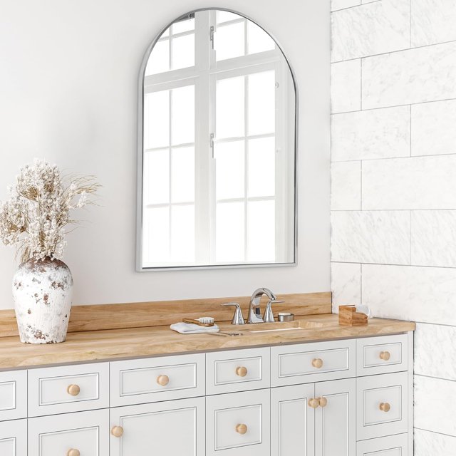 KOSSMAI Arch Wall Mirror with Metal Frame 24"X36" For Bathroom, Dining Room, Living Room, Entry Silver