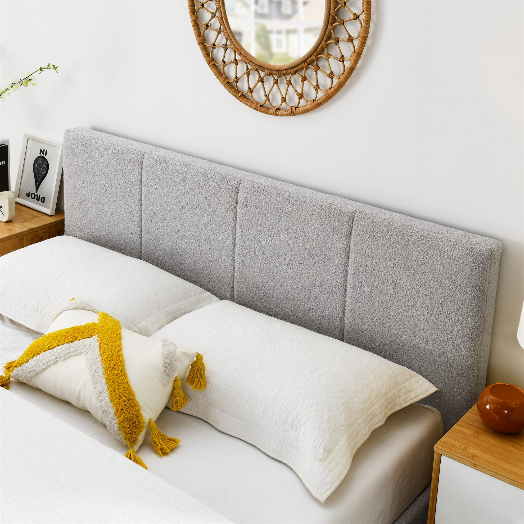 Gewnee King Size Platform Bed Frame with Upholstered Headboard,Sturdy Wood Slats & Center Support,No Box Spring Needed,Easy Assembly,Gray