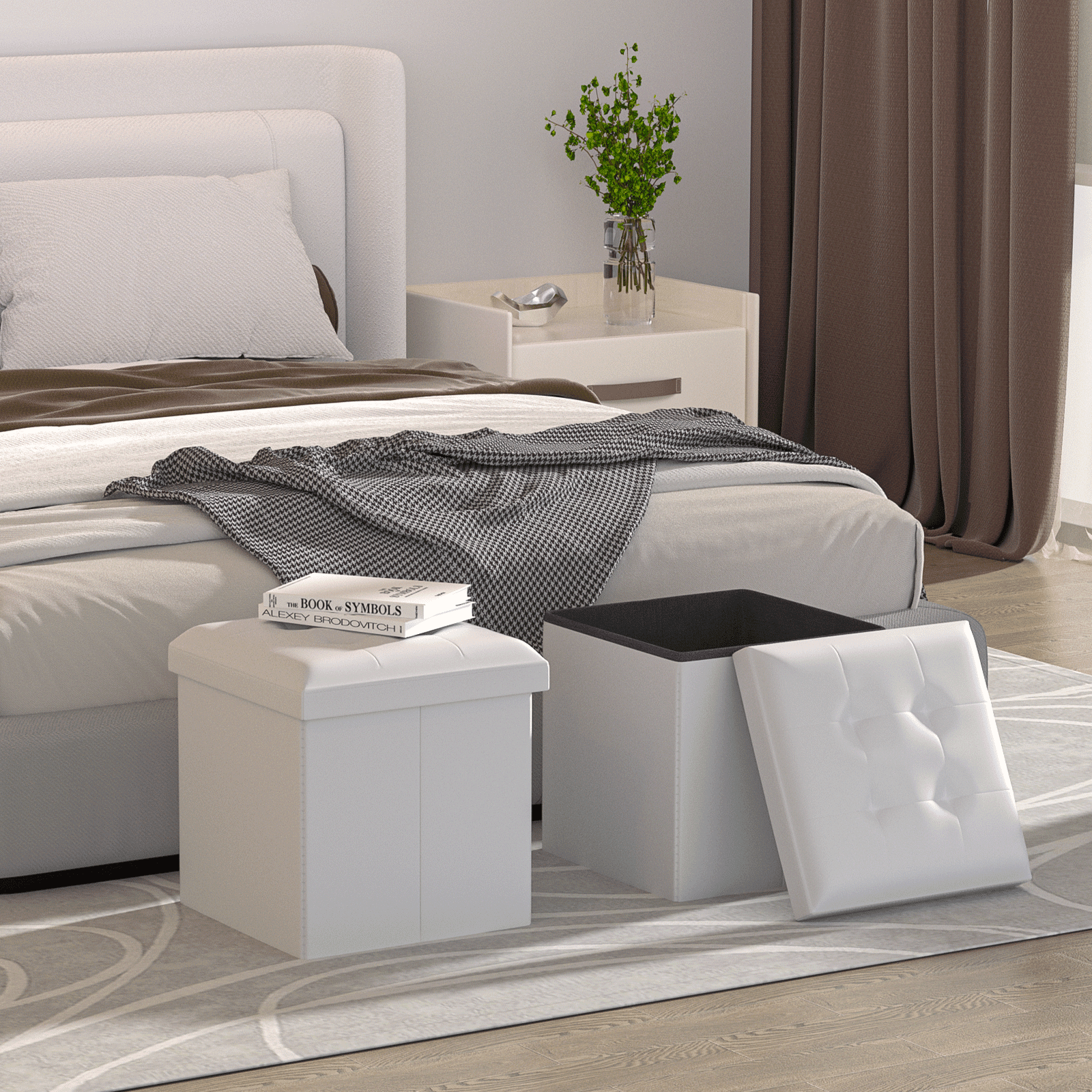 MoNiBloom 15" Cube Collapsible Ottoman with Storage, PU Leather Storage Ottoman Footrest, for Living Room Bedroom Entryway, White
