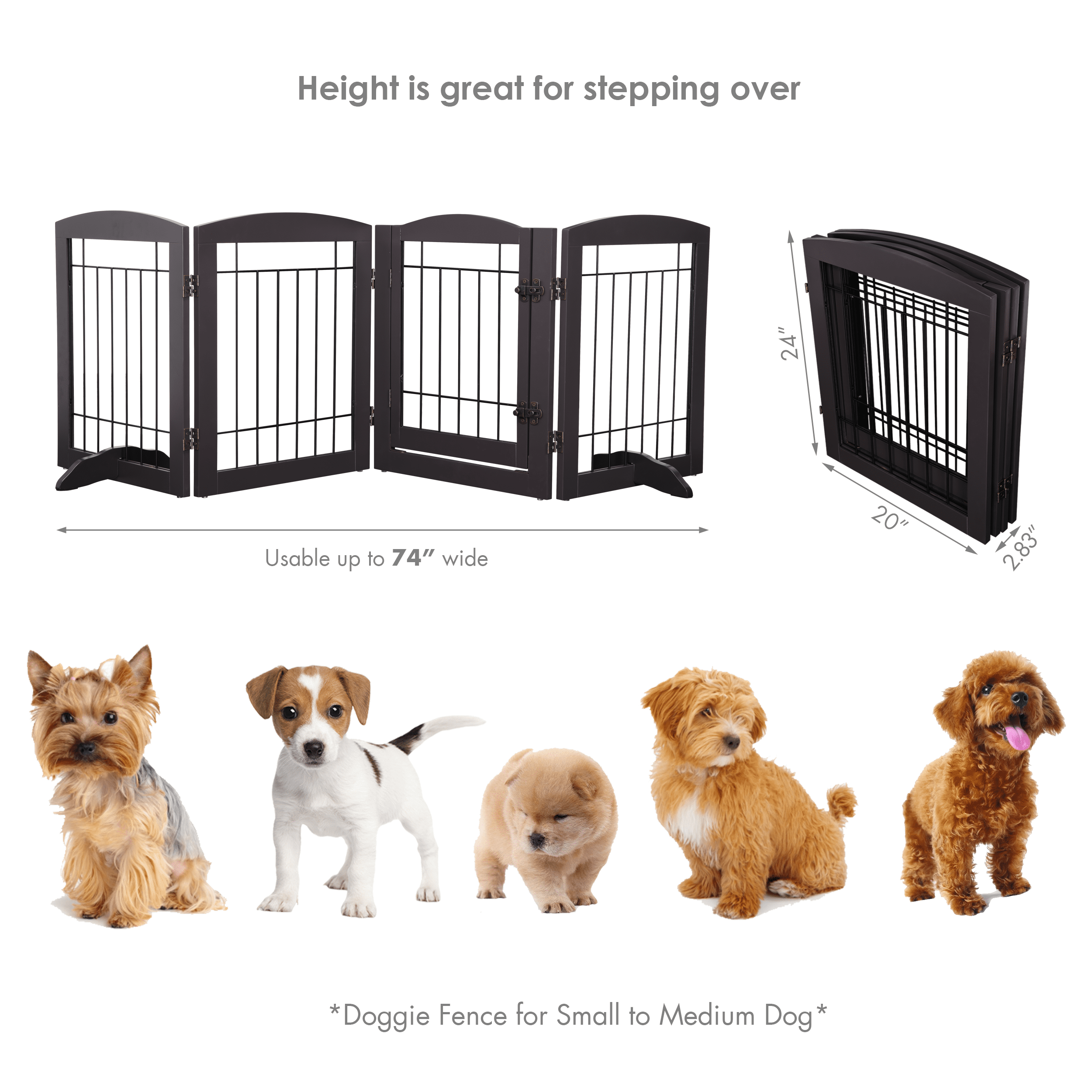 STAROUS Esspresso Freestanding Dog Gate with Walk-Through Door: Secure Indoor Barrier - 80" Wide, 24" Height, 4 Panels