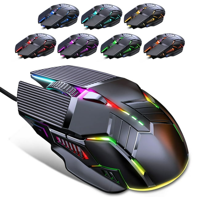 RGB Gaming Mouse Wired Programmable Ergonomic USB Mice with 4 Level DPI, 4 Color Backlit, 6 Buttons for Laptop PC Computer, High Precision PC Gaming Mice for Desktop, Windows, Mac, Gamer, Black