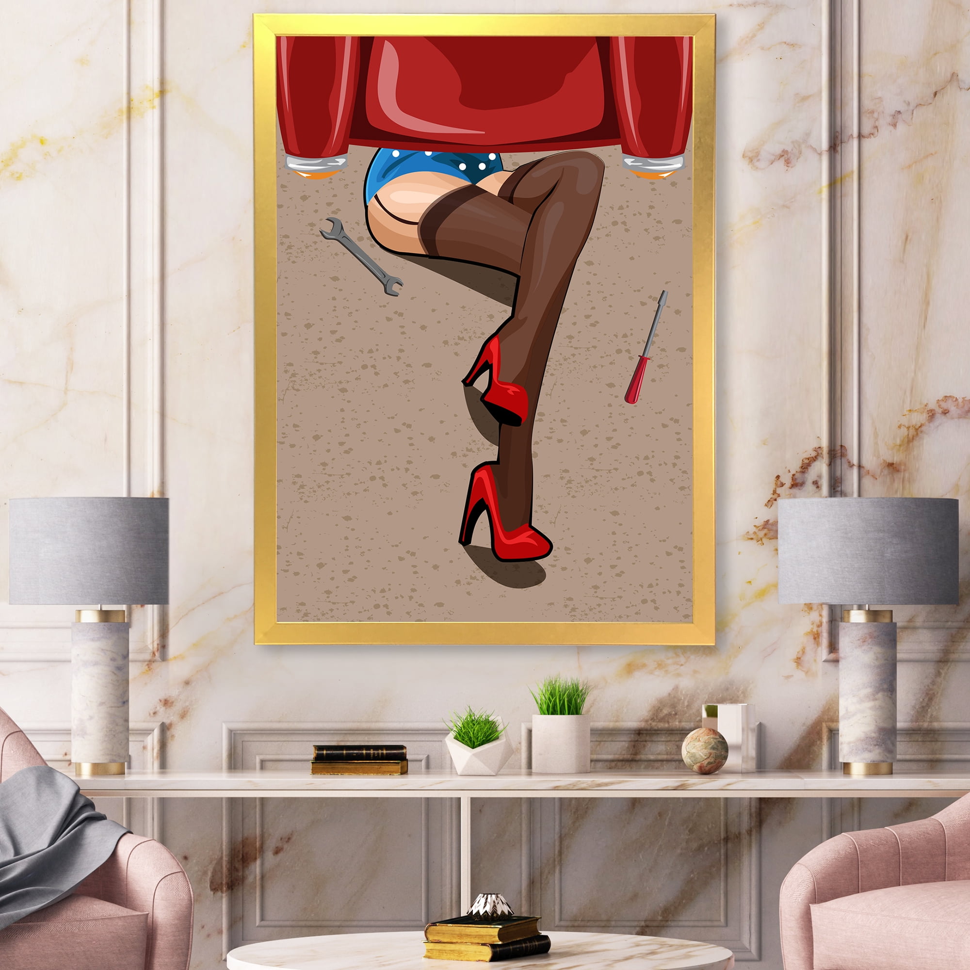 Retro Sexy Girl Repairing The Car 16 in x 32 in Framed Painting Canvas Art Print, by Designart