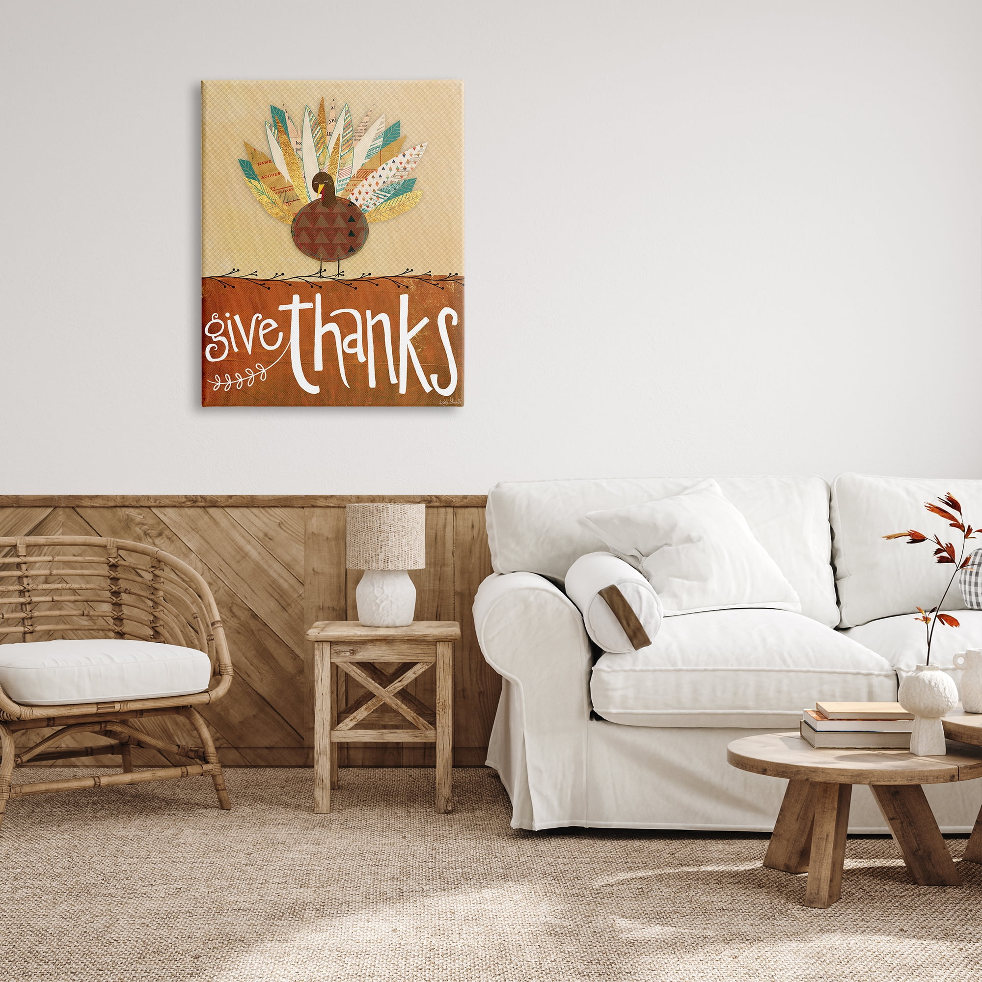 Stupell Indtries Give Thanks Phrase Patterned Feathers Wild Turkey Bird,30 x 40,Design by Katie Doucette