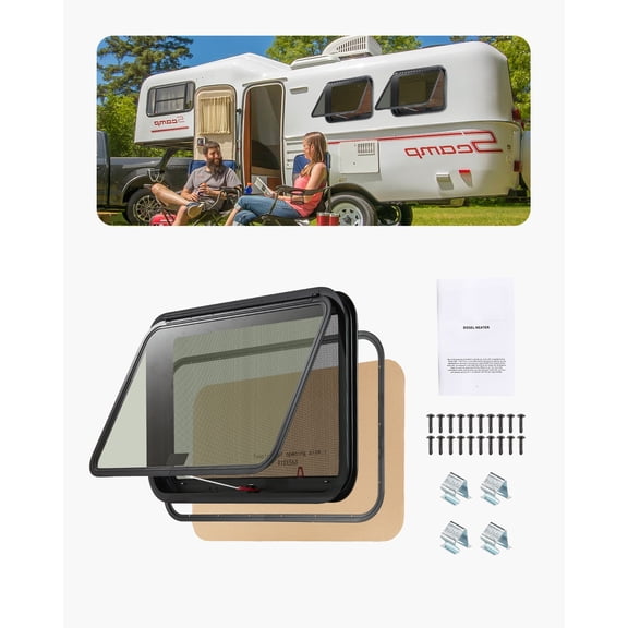 KFFKFF Camper Exit Window, Dimensions 36" W x 22" H, Comes with Net Screen and Trim Ring, Suitable for Wall Thickness between 1 1/4" - 1 13/16", Replacement Window for Teardrop Cargo Trailer Camper