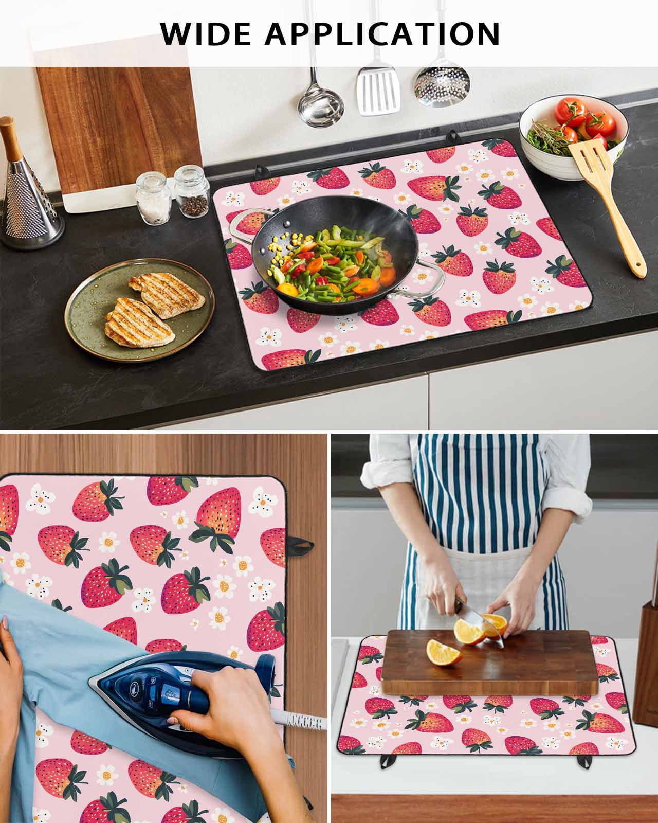 nqOlkjepod Large Induction Cooktop Protector Mat 24"x21", Strawberry Stove Top Covers for Electric Stove, Pink Spring Summer Rustic Floral Fruit Stove Burner Cover Mats, Glass Top Stove Cover