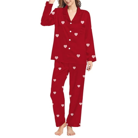 VISALY Matching Valentines Day Pajamas Heart Parinted Button Down Sleepwear Lounge Set Nightwear Fall Pajamas 2 Piece Sets Comfy Lounge Sets Cute Sets Loungewear Sleepwear Sets Comfy Pajamas Red M