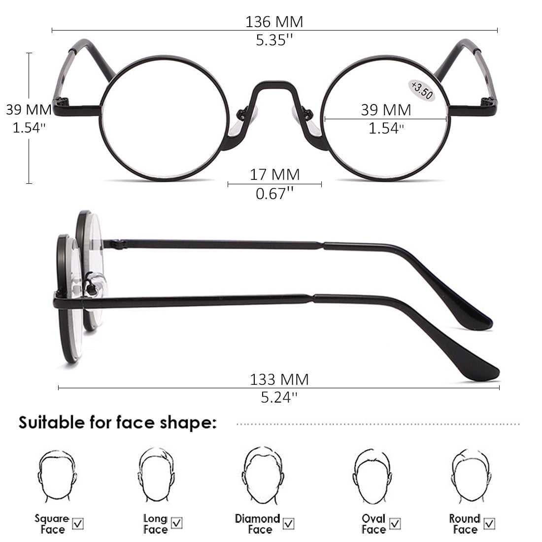 KOOSUFA Small Round Metal Reading Glasses 3.00 Blue Light Blocking Women Men Retro Eyeglasses Readers Eyewear Black