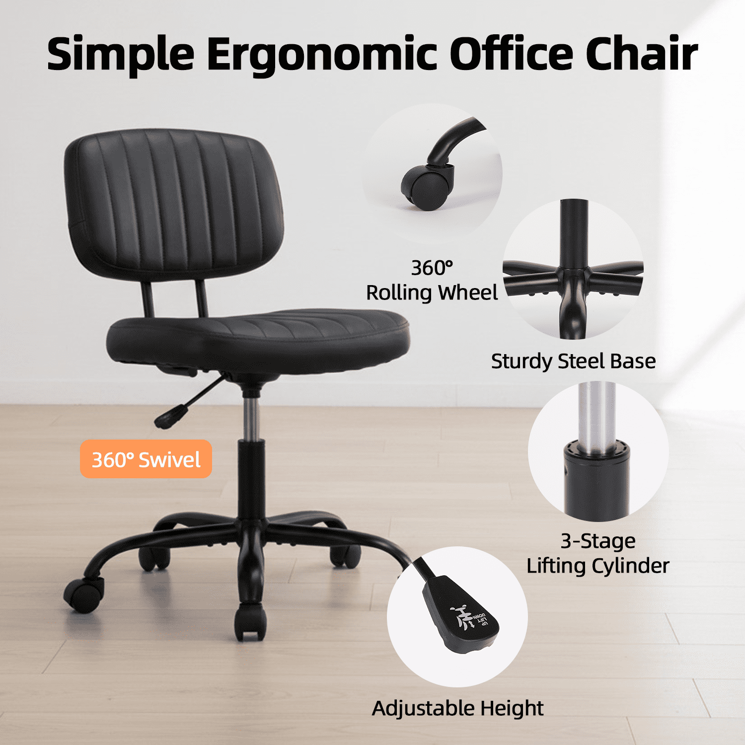 LIFERECORD PU Leather Armless Home Office Desk Chair, Small Ergonomic Task Chair for Adults and Students, Low Back Seating with Swivel, Adjustable Height, Rolling Wheels, Black