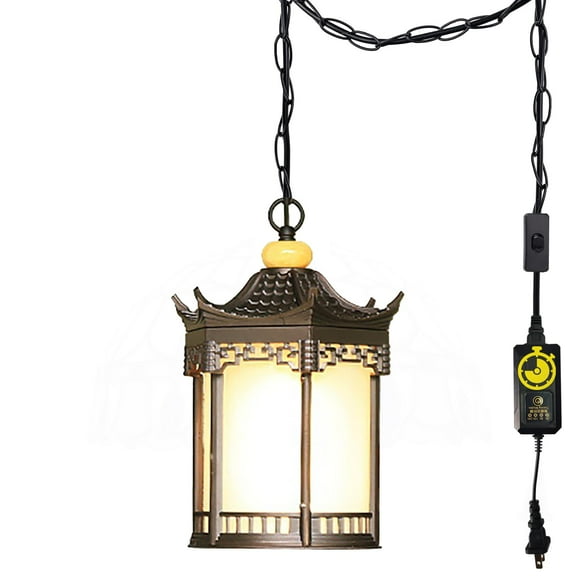 Kiven Plug in Pendant Light, Farmhouse Hanging Light Fixture with Timer and Iron Glass Lampshade and Iron Chain, E26 Socket Pendant Light for Hallway Kitchen Bedroom(TB3146)