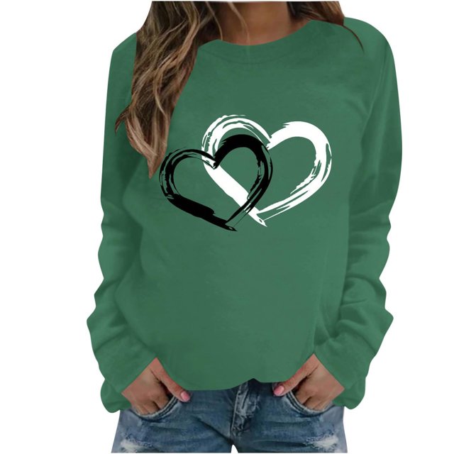 FAIWAD Women's Long Sleeve Pullover Tops Heart Print Round Neck Tops Spring Loose Plus Size Tunic Tops