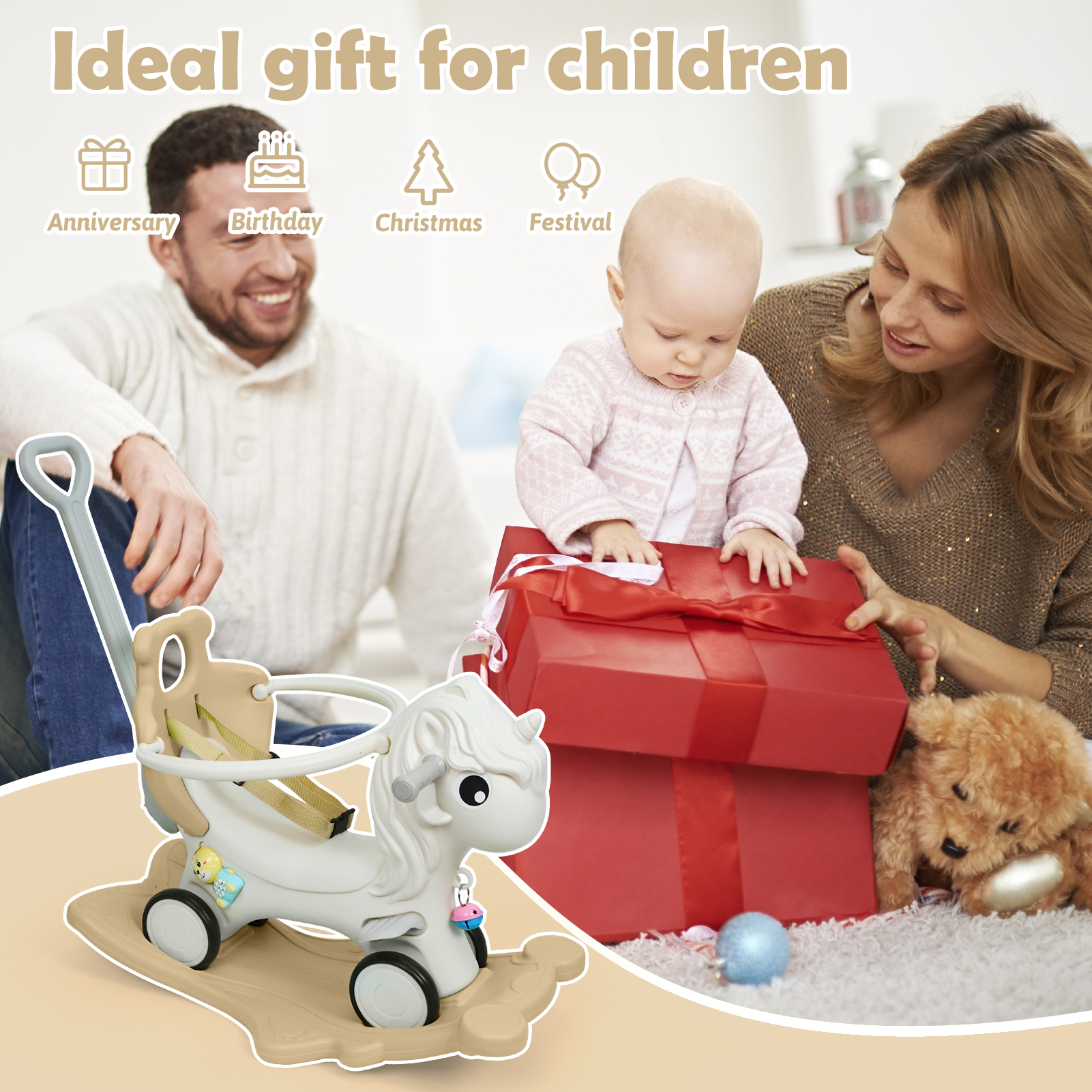 Wdmiya 4 in 1 Rocking Horse for Toddlers 1-3 Years Old, Baby Unicorn Rocking Toy Birthday Gift for Boy and Girl, Ride on Toy with Detachable Balance Board，Balance Bike with Push Handle, Khaki